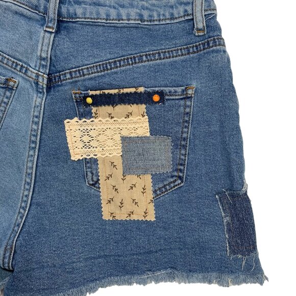 SONG Cut Off Jean Shorts Boho Denim Button Fly Distressed Plaid Patchwork 7 - Picture 9 of 12